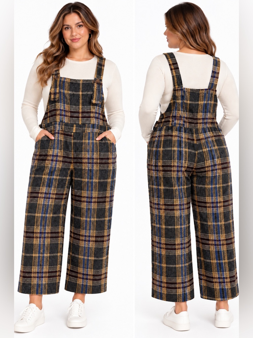 CIDER Tweed Plaid Button Up Wide Leg Jumpsuit Black & Yellow XL